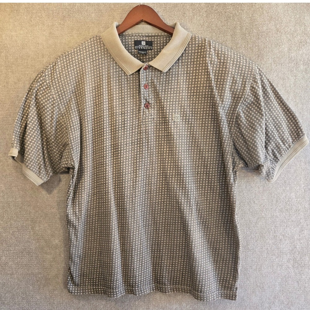 Givenchy Active Wear Mens XL Gray Tan Geometric Diamond Print Cotton Polo Shirt